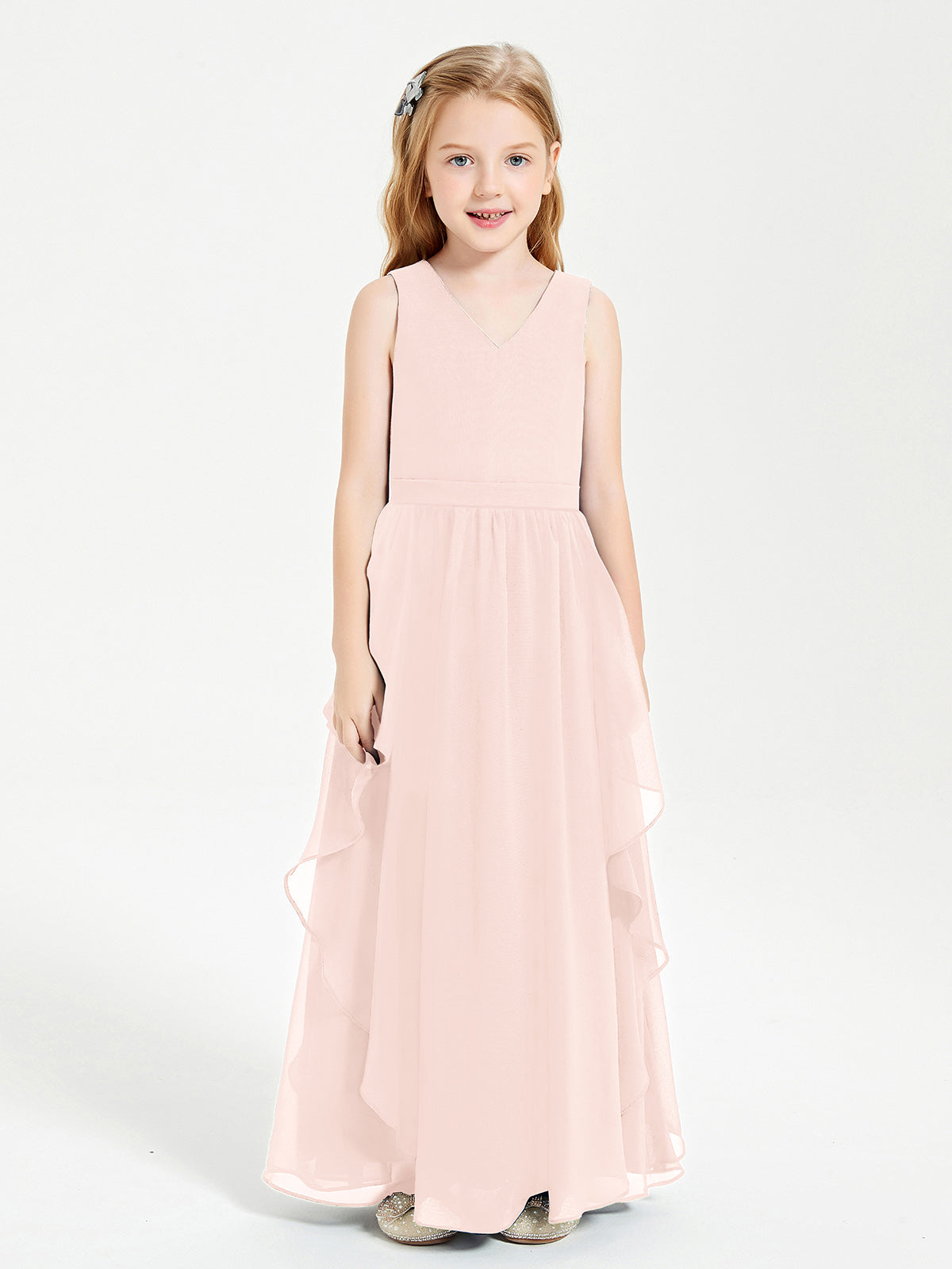 Boho Sleeveless Junior Chiffon Bridesmaids Gown Pearl Pink